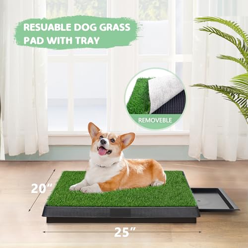 Dog Grass Pad With Tray, 25" x 20" Potty for Puppy Training, Reusable Artificial Pee Pad, Indoor/Outdoor Pet Toilet Loo, 3-Layer System - size: M 25x20x2.4IN-1 Grass Pad