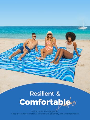 Diveblues Beach Blanket Oversized Extra Large 110" * 118"/ 9 * 10 Ft,Beach Mat Waterproof Sandproof,Soft and Durable, Picnic Mat for Travel Camping, Beach Vacation,4 Stakes & 1 Travel Bag - color: Cerulean Tides