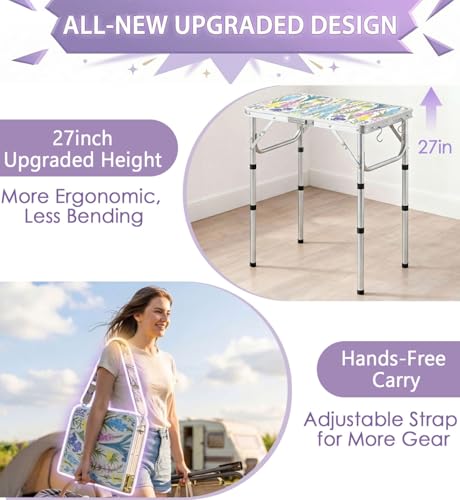 Folding Camping Table 2ft Portable Picnic Table Adjustable Height, Small Lightweight Aluminum Foldable Card Table,Hands-Free Carry for Outdoor Camp BBQ Beach (Blooming Floral with Shoulder Strap) - color: Blooming Floral, size: 24"l X 16"w X 27"h With Sho