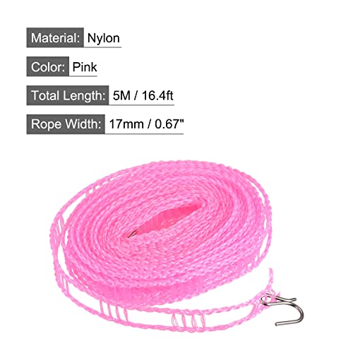 uxcell Portable Clothesline, 16.4ft Nylon Windproof Non-Slip Washing Line Rope for Courtyard Outdoor Travel Camping Laundry Drying, Pink - color: Pink, size: 16.4ft