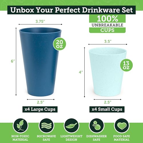 Grow Forward Premium Wheat Straw Cups - 13 & 20 oz Unbreakable BPA Free Hard Plastic Cups - Reusable Lightweight Plastic Drinking Glasses for Kitchen, Outdoor, Water, Camping, RV - Seascape - color: Seascape, size: 13/20oz