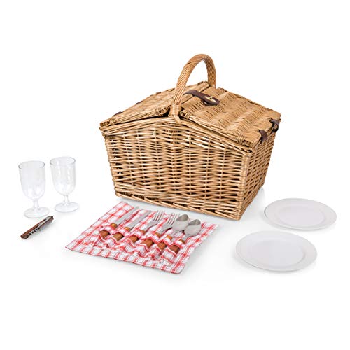 PICNIC TIME Piccadilly Picnic Basket for 2, Romantic Vintage English-Style Wooden Basket, Complete Deluxe Service for Two with Fully-lined Interior and Double-lid Design, (Red & White Plaid Pattern) - color: Red