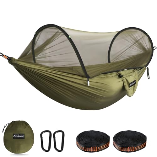 Chihee Ultra-Light Travel Camping Hammock Pop-up Net Hammock 660lbs Load Capacity,Breathable,Quick-Drying Parachute Nylon 2 Premium Carabiners,2 Tree Slings Included for Outdoor Backpacking Hiking - color: Army Green