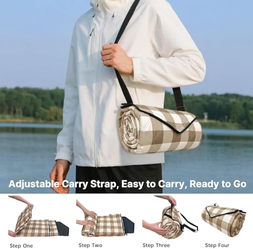 TigeJoy Extra Large Picnic Blanket Waterproof Foldable 60''x80'', Outdoor Picnic Mat Beach Blanket Sandproof for Park, Grass, Travel, Hiking, Camping Essentials, Gingham Picnic Blanket - color: Khaki, size: 6'8" x 5' (Rectangular)