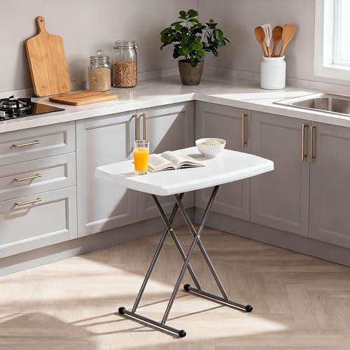 SUPER DEAL 2.5 Foot Plastic Folding Table, Indoor Outdoor Portable Heavy Duty Adjustable Height Kitchen or Camping Barbecues Picnic Party Tray Table, White - color: White, size: 31"x20", style: Rectangular