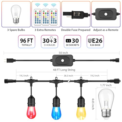 Larkvue 96FT(2X48FT) RGBW Outdoor String Lights with Remote, Patio Lights with 30+3 Vintage S14 Dimmable Waterproof Bulbs for Xmas Bistro Cafe Outside - color: Black