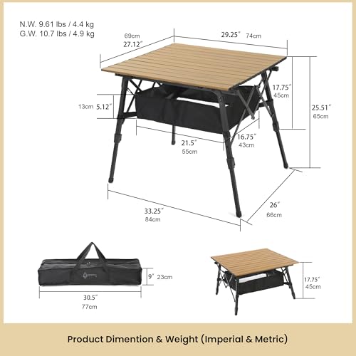 ARROWHEAD OUTDOOR 39" Aluminum Folding Camp Roll Up Table w/Adjustable Height, Undertable Mesh Storage, Carry Bag - color: Wood Grain