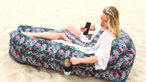 Inflatable Lounger with No-Pump Setup, Floating Portable Air Chair, Ripstop Polyester, Stability Peg for Beach, Camping, Festivals, Tailgating (Black Flamingo) - style: Black Flamingo