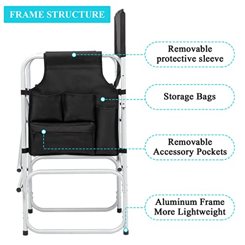 Tall Directors Chair, Portable Makeup Artist Chair with Side Table, Cup Holder, Storage Bag and Footrest, 41'' Seat Height Folding Camping Chairs for Tailgating Camp Lawn Picnic Fishing Beach