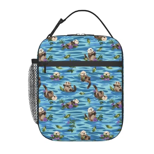 Reusable Sea Otter and Water Lily Lunch Box for Kids Girls Boys Women Adult, Insulated Cute Lunch Bag,Polyester Cooler Handbags Case for School Picnic Work Travel Outdoor Beach or Hiking - color: Otter 03