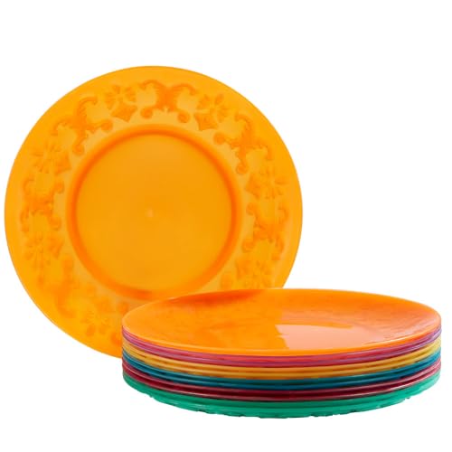 Plastic Dinner Plates Set of 12 Reusable - Unbreakable Lightweight Flat Plate 9 Inch in 6 Assorted Colors, Multicolor Everyday Plates BPA Free for Kids Kitchen, Microwave Dishwasher Safe