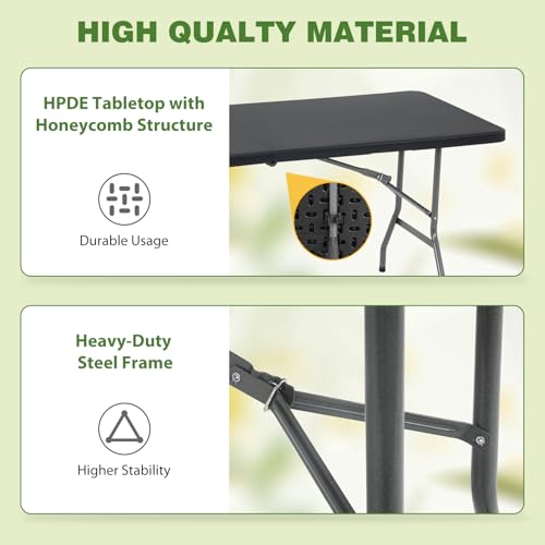 PayLessHere 6ft Folding Tables,Plastic Resin Table with Collapsible Alloy Steel Frame,Plastic Table for Indoor,Outdoor,Camping,BBQ,Picnic,Black - color: Black, size: 6 FT