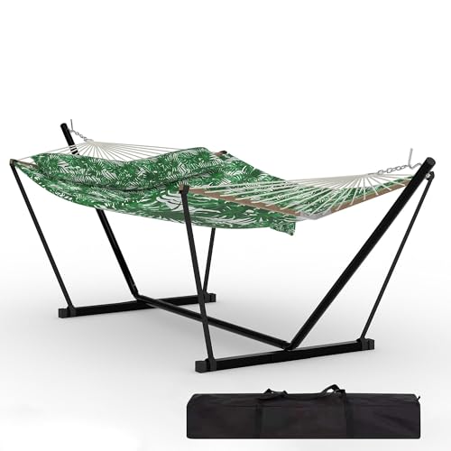 Garvee 2 Person Outdoor Hammock with Stand, Heavy Duty Portable Double Hammock with Balance Rope, MAX 450 LBS Capacity for Patio, Backyard, Garden, Beach - color: Green Banana Leaf Color, size: Sheep Horn Bracket