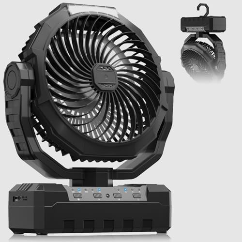 Camping Fan Rechargeable, 20000mAh Battery Powered Portable Fan with 4 Speeds & 2 LED Lights, Cordless Outdoor Tent Fan with Hanging Hook for Home Office Beach Travel - Dark Black - color: Dark Black