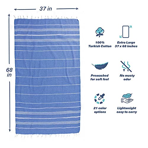 Hencely Turkish Beach Towel 37x68 Oversized, Sand-Free, Quick-Dry, Lightweight - Travel Essential for Pool & Bath - Striped 100% Cotton Bathroom Towels Accessories Gift (Blue) - color: Blue