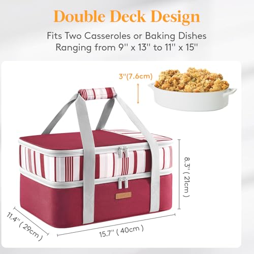 LUNCIA Insulated Double Decker Casserole Carrier, Lasagna Lugger Tote Keeps Food Hot or Cold, Thermal Lunch Bag for Potluck Parties, Picnic and Cookouts, Fits 9" x 13" Baking Dish, Red - color: Red, size: 15.7 x 11.4 x 8.3inch