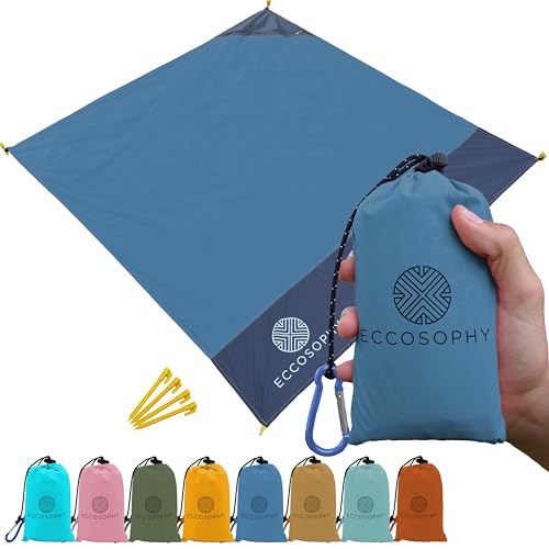 ECCOSOPHY Sand Proof Beach Blanket - Waterproof Picnic Blanket 60x55-Outdoor Compact Pocket Blanket-Lightweight Ground Cover for Hiking, Camping, Festivals, Sports, Travel-with Bag & Stakes (Denim) - color: Denim