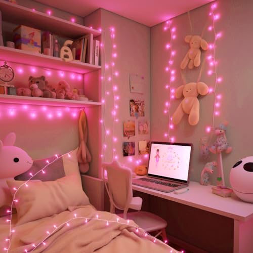 cshare String Lights Outdoor Waterproof 9.8ft 30 LED, Pink Fairy Lights Battery Operated with Timer Clear Wire for Indoor & Outdoor Christmas Valentine's Day Decorations Garland Party Garden - color: Pink