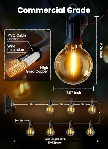 Brightown 38FT Solar String Lights Outdoor with USB Charging & 16 LED Shatterproof Bulbs, Solar Patio String Lights Outdoor for Cafe Garden Deck Outside Wedding - Last for 20Hrs+ - size: 38FT 16LED