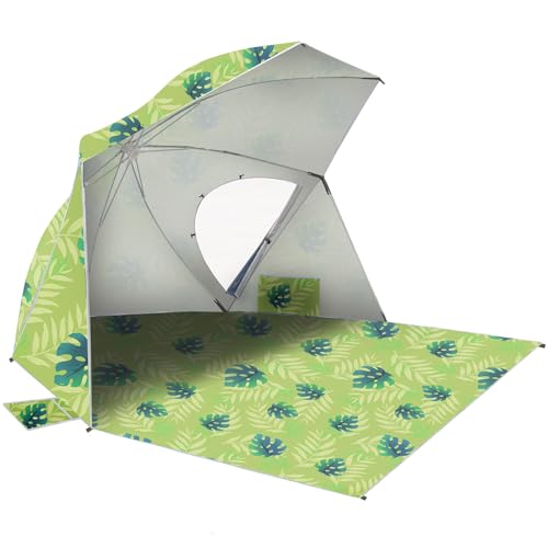 OutdoorMaster Pop Up Beach Umbrella, Portable Beach Tent Shelter, Beach Shade Sun Canopy with UPF 50+ UV Protection, Extendable Floor with Carrying Bag - color: Yellow Leaf-a
