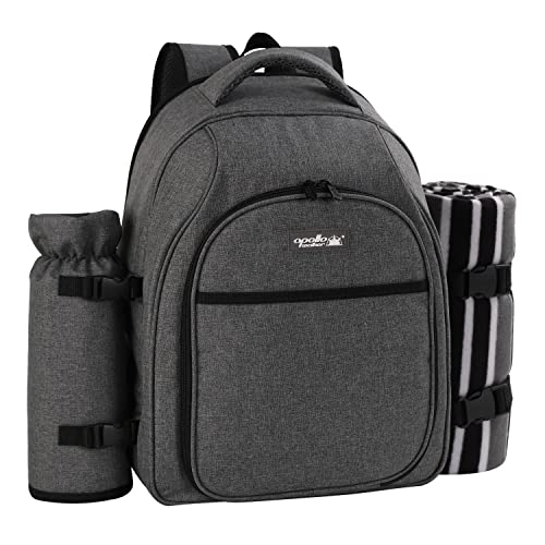 apollo walker Picnic Backpack Bag for 2 Person with Cooler Compartment, Detachable Bottle/Wine Holder, Fleece Blanket, Plates and Cutlery Set (2Person,Grey) - color: Grey1, size: 2 Person