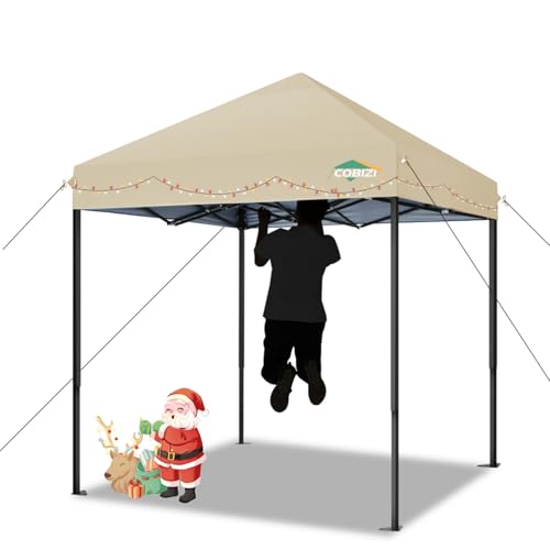 COBIZI 6.6x6.6ft Pop Up Canopy Tent, Heavy Duty Canopy Easy Set up All Weather Waterproof Outdoor Canopy Tent for Parties, Beach, Garden, Camping with 1 Handbag, 3 Adjustable Heights, UPF50+, Khaki - color: Khaki, size: 6.6x6.6 Without Sidewalls