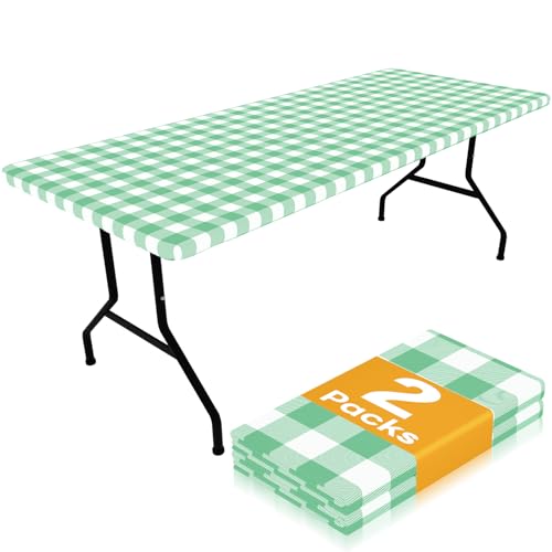 Smiry Picnic Table Cloth 2 Pack, Waterproof Elastic Fitted Tablecloths for 18x72 Rectangle Tables, Washable Polyester Buffalo Plaid Tablecloth for Camping & Outdoor (Sage Green & White, 18" x 72") - color: Sage Green and White, size: 18" x 72"