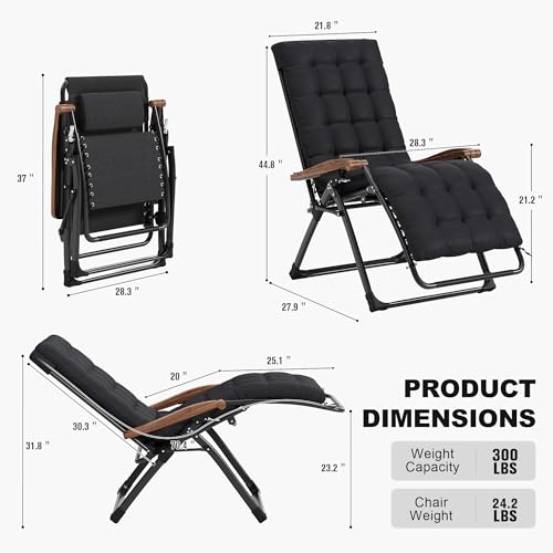 PURPLE LEAF Oversized Outdoor Reclining Chair Set of 2 Patio Zero Gravity Chaise Lounge Folding Chair with Removable Cushion Adjustable Headrest for Lawn Camping Beach Pool Black - color: Black - 2 Chairs, size: Oversized – Thick Cushion