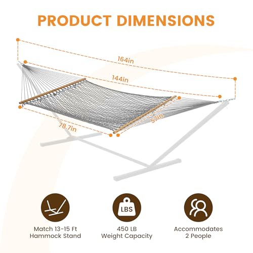 Lazy Daze Hammocks 12FT Double Rope Hammocks, 2 Person Hand Woven Cotton Hammock with Spreader Bar, Carabiner, Tree Strap, Chain for Outside, FIT 13-15 FT Stand, Max 450 Lbs, Light Grey - color: Light Grey