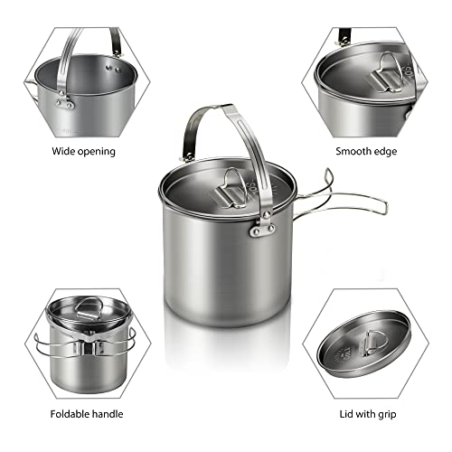 Lixada 5PCS Camping Cookware Set Stainless Steel 1.2L Camping Pot with 2 Cups & 2 Bowls, Lightweight Portable Backpacking Pot with Foldable Handles & Lid for Outdoor Cooking Hiking Picnic