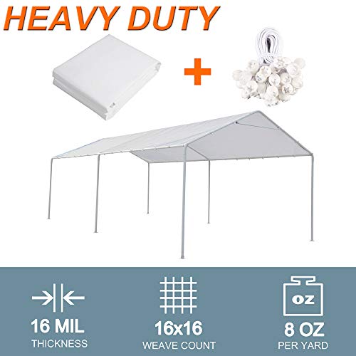 Thanaddo 10 x 20 Ft Carport Replacement Canopy Cover Garage Top Tent Shelter Tarp with Free 44 Ball Bungee Cords,White(Only Cover, Frame Not Include) (10x20 White) - size: 10x20 white
