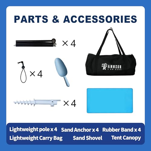 AMMSUN Beach Tent Sun Shelter, 11x11 FT Beach Canopy Tent Sun Shade with 4 Sand Anchor & Sand Bags | UPF 50+ Protection | 4 Thickened Poles | Windproof & Lightweight for Camping, Sky Blue - color: Sky Blue, size: 11x11 FT (4 Pole)