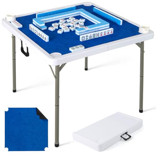 Goplus Mahjong Table, 35" Square Folding Card Table w/4Cup Holders, Anti Slip Mat, HDPE Tabletop, Metal Legs, Portable Mahjong Game Table for Domino Game, Picnic (Navy, Table w/Removable Mat) - style: Navy, Table w/Removable Mat