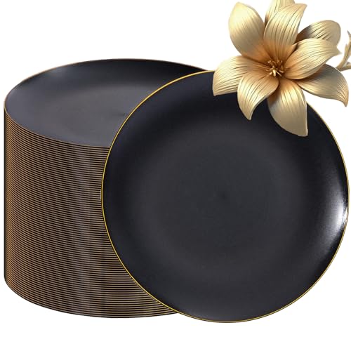 EI enjonirinjonir 80pcs Black and Gold Dinner Plates Disposable 10.25inch,Plastic Party Plates with Gold Rim,Black Plastic Matte plate Frosted Disposable Heavy Duty,Elegant for Wedding/Tea Party - color: Black and Gold Frosted Plastic Dinner Plates