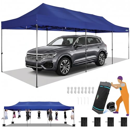 COBIZI 10x30 Pop up Carport Heavy Duty Without Sidewalls, Easy Set-up Commercial Outdoor Party, 100% Waterproof Wedding Canopy Gazebo, 3 Height Adjustable with Wheeled Bag, Navy Blue - color: Navy Blue, size: 10'x30'(no Walls)