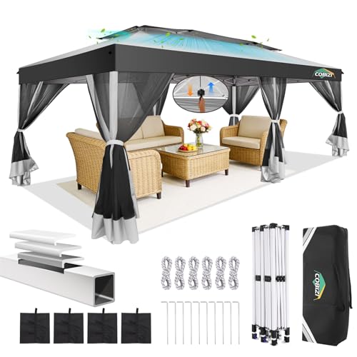COBIZI 10x20 Pop up Gazebo, One-Push Setup Canopy Tent with Mosquito Netting & Vented Roof Design, Upgrade Metal Easy up Canopy Carpa Outdoor Gazebos for Backyard Camping Deck Party(White & Gray) - color: White & Gray, size: 10x20 FT Upgraded