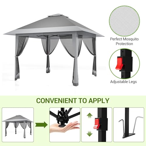 13X13 Pop Up Gazebo,Outdoor Canopy Tent with Mosquito Netting, Double Vented Roof Sun Shelter with Adjustable Heights,Outdoor Gazebo for Backyard & Patio Furniture.（Grey） - color: Gray