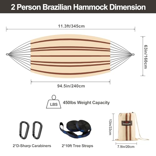 CHULIM Brazilian Double Hammock with Tree Straps,Extra Large 94x63IN,2 Persons Hammock for Backyard Patio Outdoor and Indoor,450lbs Weight Capacity,Soft Woven Cotton Fabric - Beige Brown Stripe - color: Beige Brown Stripe