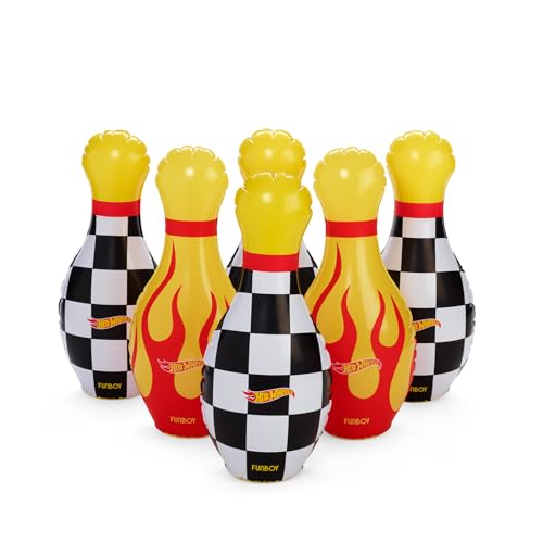 Hot Wheels & FUNBOY Inflatable Checkered Flame Kids Backyard Bowling Set with Large Ball and Six Bowling Pins