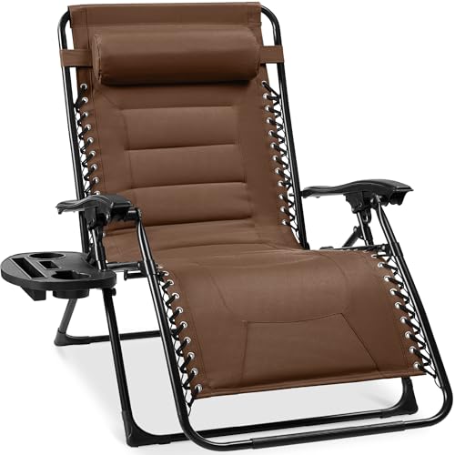 Best Choice Products Oversized Padded Zero Gravity Chair, Folding Outdoor Patio Recliner, XL Anti Gravity Lounger for Backyard w/Headrest, Cup Holder, Side Tray, Polyester Mesh - Dark Brown - color: Dark Brown