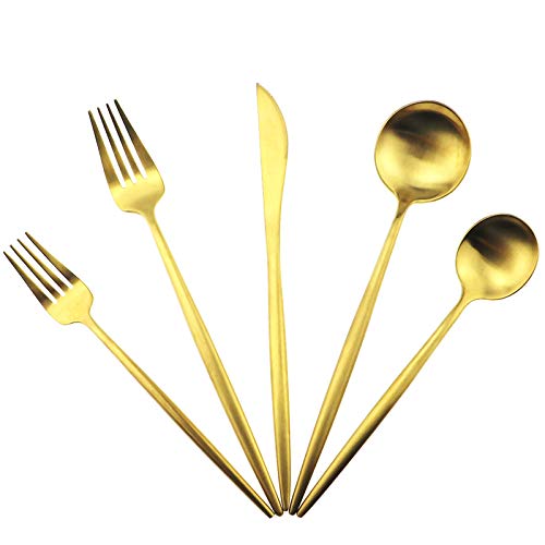 20-Piece 18/10 Stainless Steel Flatware Silverware, Luxury Dinnerware Set Travel Cutlery Tableware Include Knife Fork Spoon Service for 4,Healthy & Eco-Friendly Dishwasher Safe (Gold Matte) - color: Gold, size: Service for 4