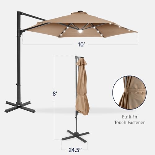 Best Choice Products 10ft Solar LED Offset Cantilever Hanging Market Patio Umbrella, Smooth 360° Rotation, 8 Sturdy Ribs, Easy Adjustment - Tan - color: Tan, size: Offset w/ 360° Rotation