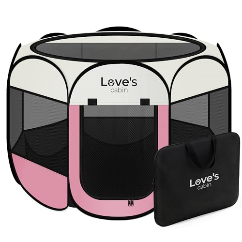 Love's cabin Pet Puppy Dog Playpen, Large Dog Tent Crates Cage Indoor/Outdoor, Portable Playpen for Cat, Foldable Pop Up Dog Kennel Playpen with Carring Case, Removable Zipper Top, Light Pink - color: Light Pink, size: 38.0"L x 38.0"W x 23.0"H