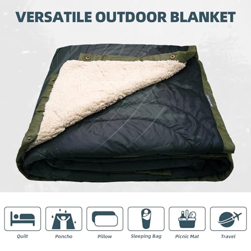 Outdoor Camping Blanket with Sherpa Lining, Extra Warm Thick Camp Blankets and Puffy Ultralight Soft Poncho DWR Camping Quilt for Cold Weather, Adventure, Sleeping, Backpacking 78"x 56" - color: Grass Green, size: 78 x 56 inches