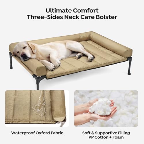 Veehoo Cooling Elevated Dog Bed Add Removable Waterproof Bolster Cushion Mat, Raised Pet Cot with Breathable Teslin Mesh, No-Slip Feet, Dog Couch Bed for Indoor Outdoor, 42x30inches, Beige, CWC2331B - color: Beige Coffee, size: 42.0"L x 30.0"W x 7.0"Th