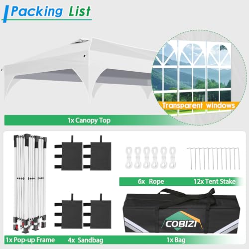 COBIZI 10x20 Pop up Canopy Tent with 4 Sidewalls Outdoor Canopy Tent for Party with Push Center Lock & Air Vent, 2000mm+Waterproof Gazebo Canopy UPF 50+with 4 Sandbags,12 Stakes & 6 Ropes,White - color: White, size: 10x20ft With 4 Sidewalls