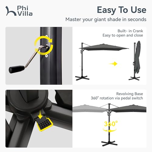 PHI VILLA 9'x12' Outdoor Patio Deck Umbrella with Base. 360° Rotation & 6-Level Tilt with Easy Crank Handle. Rectangle Offset Cantilever Umbrella Heavy Duty for Garden Poolside Backyard (Grey) - color: Grey, size: 9'x12'- With Base