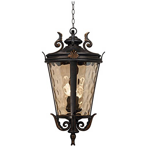 John Timberland Casa Marseille European Outdoor Ceiling Light Hanging Veranda Bronze Brown 30" Champagne Hammered Glass Damp Rated for Exterior House Porch Patio Outside Deck Front Door Home - color: Bronze, size: 30" High