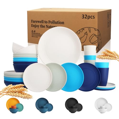 Wrova Wheat Straw Dinnerware Set of 32,Unbreakable Dinner Plates and Bowls Dishes Sets Service for 8,Dishwasher Safe Dinnerware Sets for Kitchen and Camping.Island Series - color: Island Series, size: 32 Pack