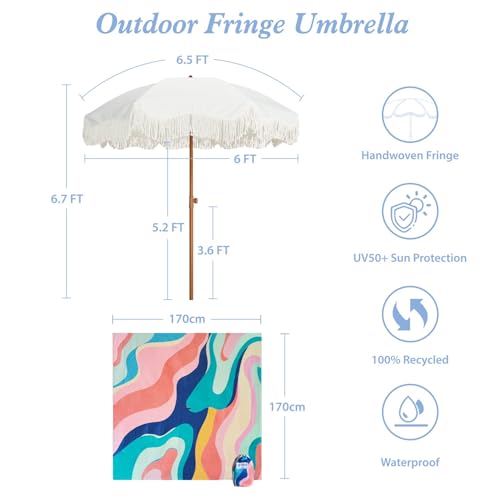 AMMSUN Boho Fringe Umbrella with Beach Blanket, 6.5ft UPF50+ Picnic Umbrella with Tassels with Steel Pole & Push Button Tilt, Antique White - color: Antique White with Colorful Blanket